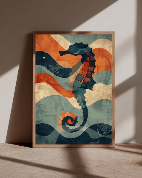 Vintage Seahorse Art, Retro Nautical Poster, Abstract Ocean Print, Framed Unframed or Digital