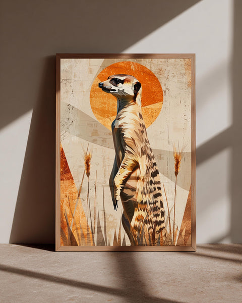 Retro Desert Sunset Art, Vintage Meerkat Wildlife Poster, Framed Unframed or Digital