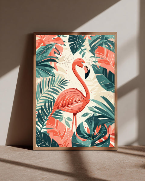 Retro Pink Flamingo Art, Vintage Tropical Botanical Print, Framed Unframed or Digital