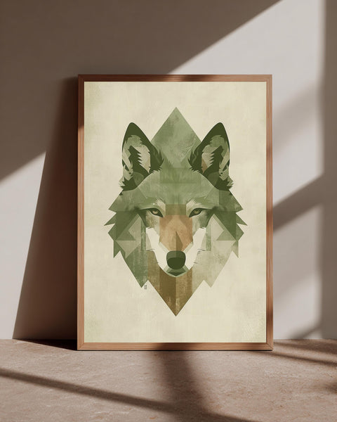 Geometric Wolf Art, Sage Green Minimalist Print, Retro Wildlife Poster, Framed Unframed or Digital