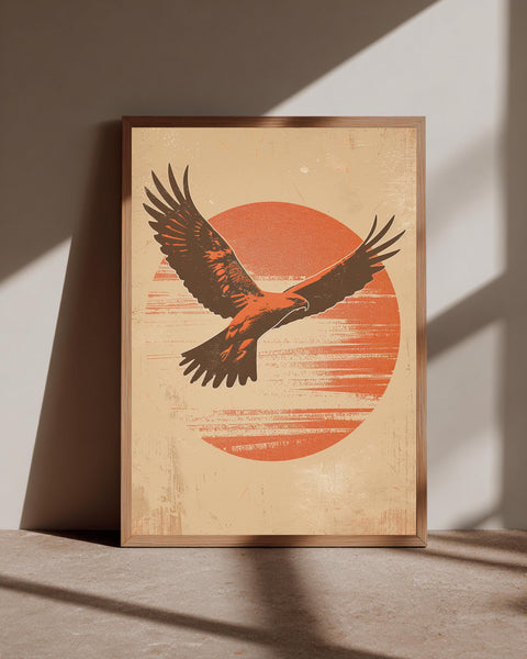 Retro Falcon Art, Vintage Eagle Sunset Poster, Flying Bird Silhouette, Framed Unframed or Digital