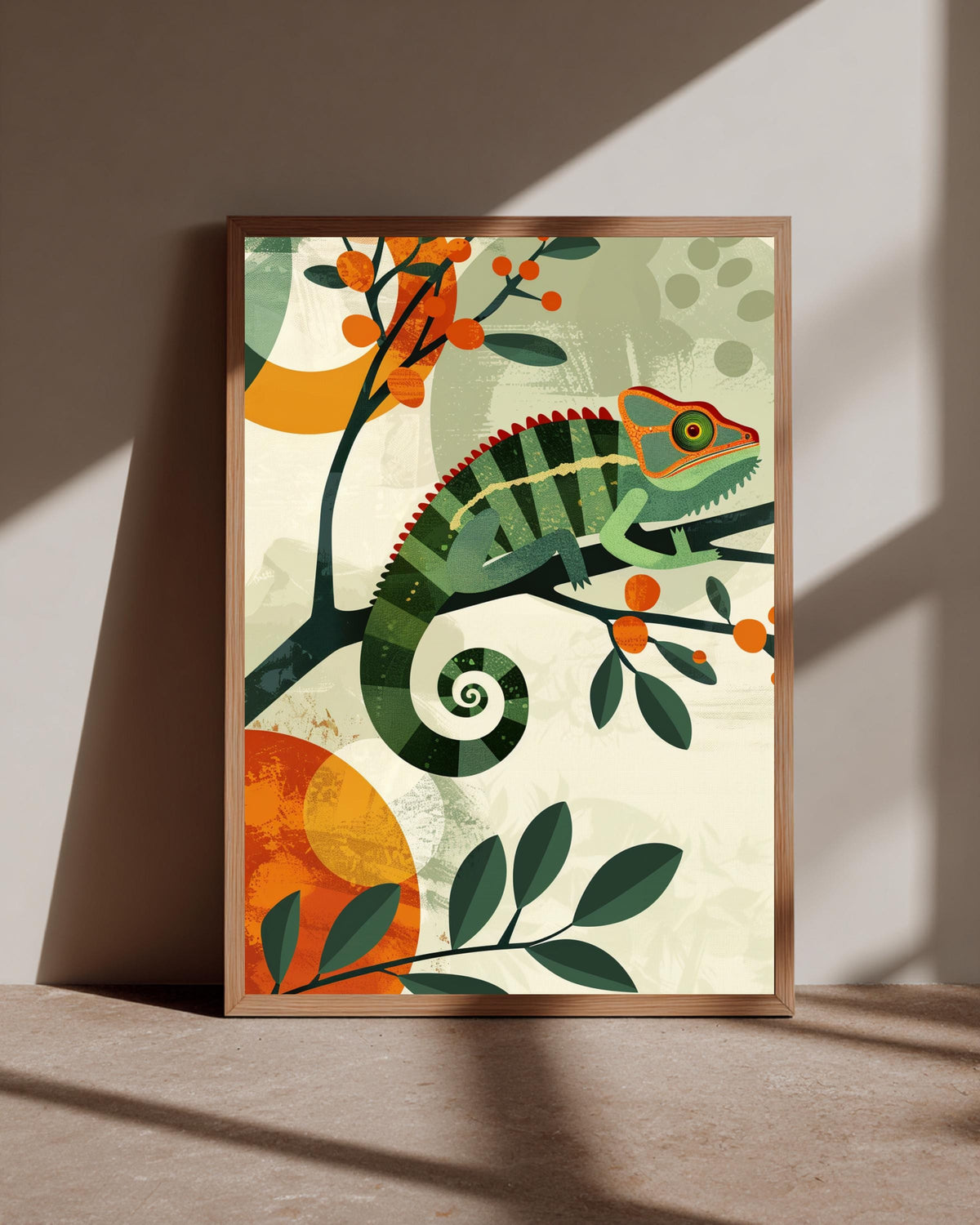 Retro Chameleon Art, Geometric Lizard Poster, Mid Century Modern Tropical, Framed Unframed or Digital