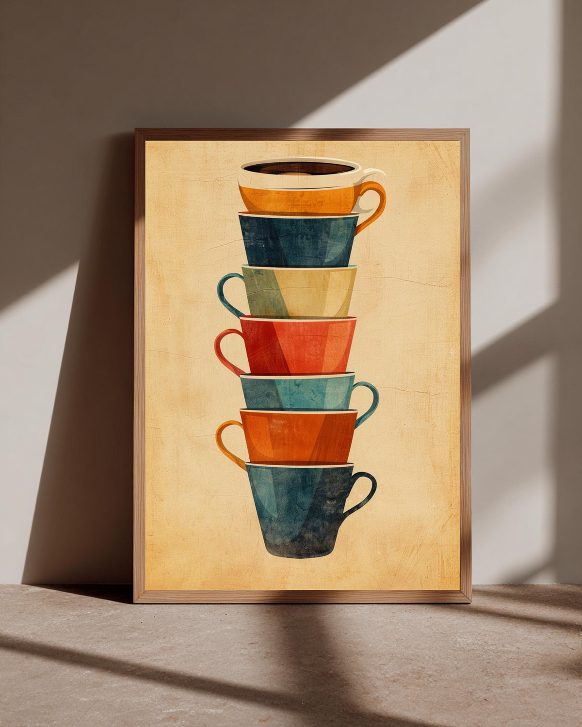 Retro Coffee Art, Vintage Stacked Cups Print, Mid Century Kitchen, Framed Unframed or Digital