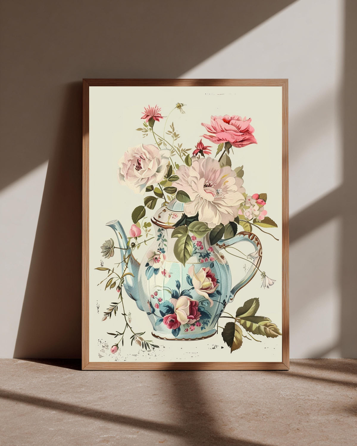 Vintage Floral Teapot, Shabby Chic Rose Illustration, Framed Unframed or Digital