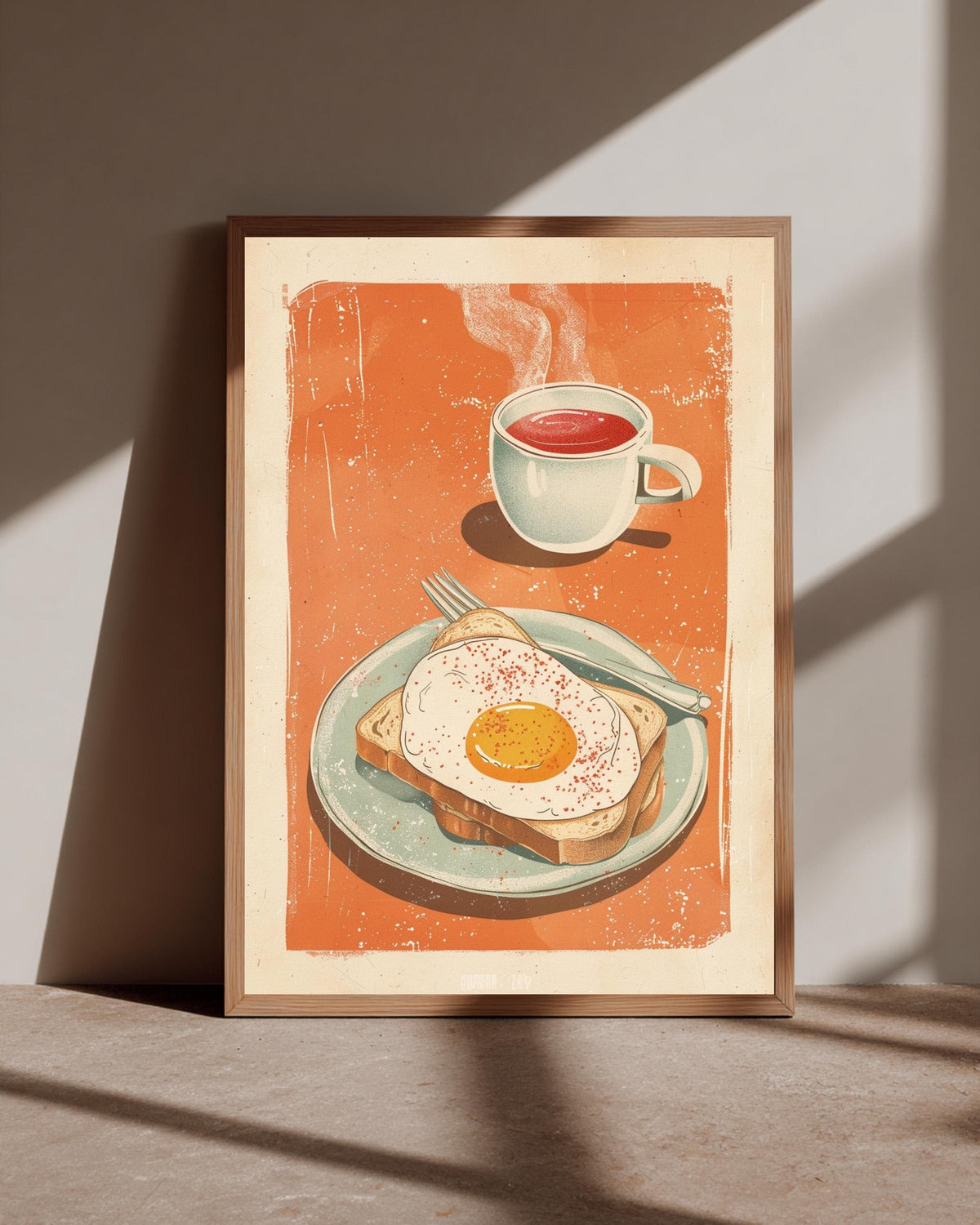 Retro Coffee Art, Vintage Breakfast Egg Toast Illustration Print, Framed Unframed or Digital
