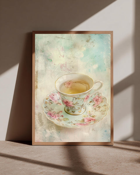 Vintage Teacup Art, Shabby Chic Rose Print, Cottage Floral, Framed Unframed or Digital