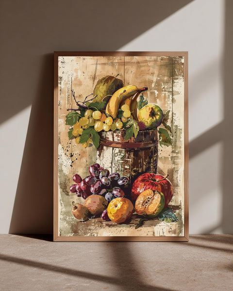 Vintage Fruit Still Life, Rustic Kitchen Print, Farmers Market Decor, Framed Unframed or Digital
