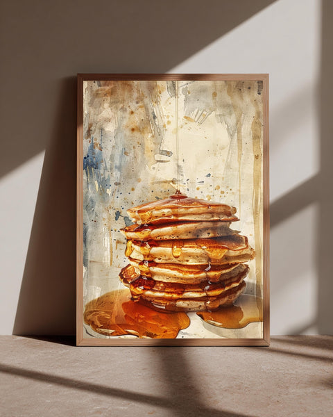 Pancake Wall Art, Watercolor Syrup Stack Print, Framed Unframed or Digital