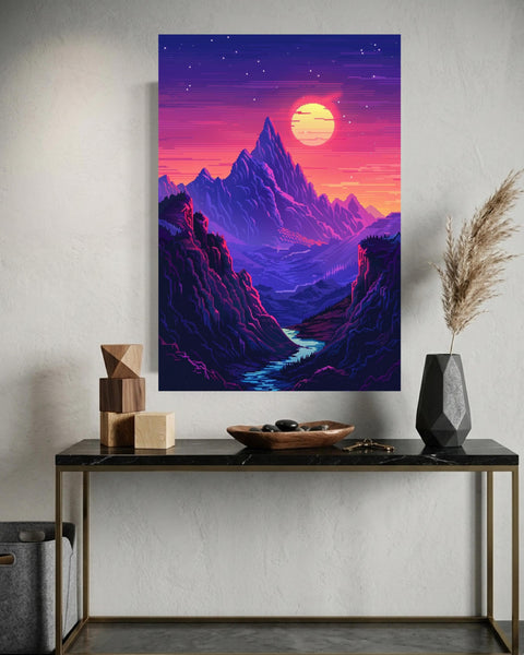 Fantasy Wall Art, Retro Pixel Mountain Print, 8-Bit Gamer Gift, Framed Unframed or Digital