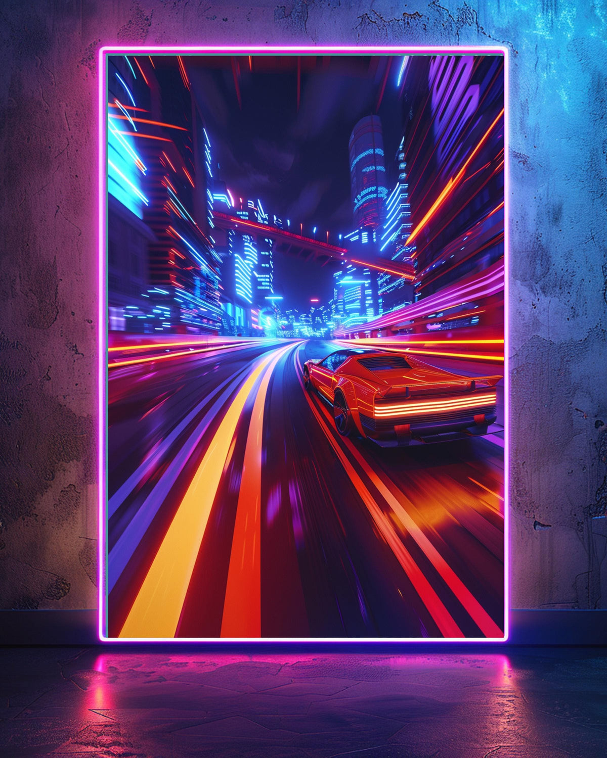 Retro Racing Wall Art, Neon City Arcade Car Print, Framed Unframed or Digital
