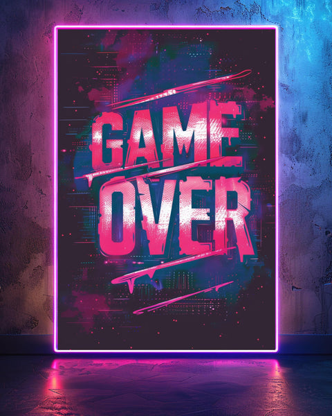 Gaming Wall Art, Retro Arcade Poster, Neon Glow Game Over Print, Framed Unframed or Digital
