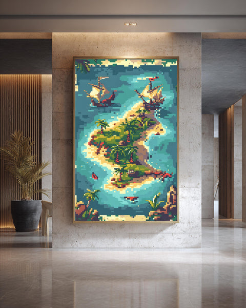Fantasy Map Print, Retro Pixel Island Art, RPG Gamer Gift, Framed Unframed or Digital