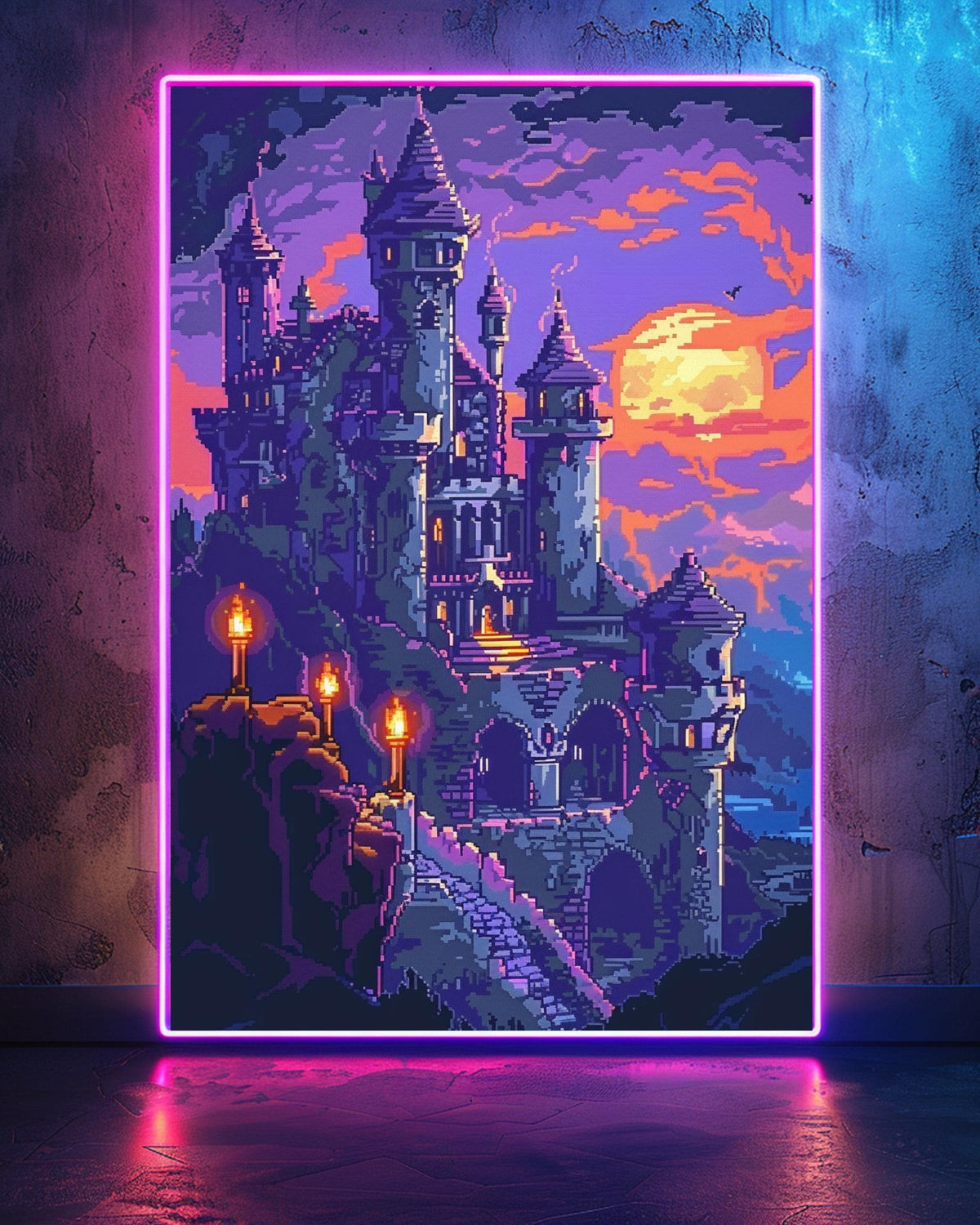 Fantasy Castle Art, Pixel Medieval Print, Dark Retro Gaming Poster, Framed Unframed or Digital