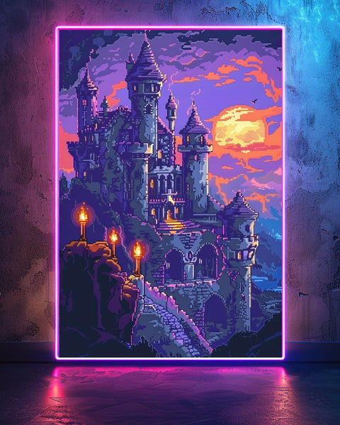Fantasy Castle Art, Pixel Medieval Print, Dark Retro Gaming Poster, Framed Unframed or Digital