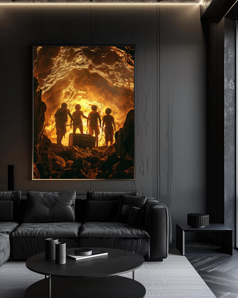 Retro Adventure Poster – Kids Discovering Treasure Chest, Glowing Gold Cave, Nostalgic 80s Cinematic Style Wall Art Print