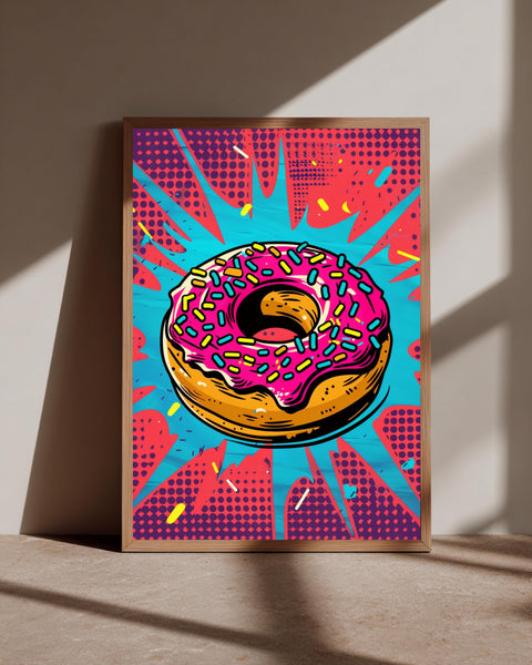 Pop Art Donut Print, Colorful Comic Kitchen Poster, Retro Decor, Framed Unframed or Digital
