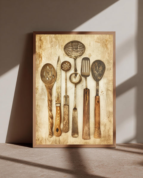 Vintage Kitchen Art, Antique Cooking Tools Print, Rustic Decor, Framed Unframed or Digital