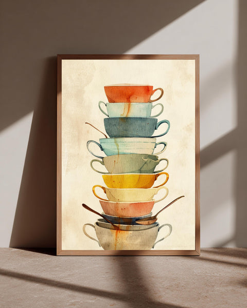 Retro Tea Cup Art, Stacked Cups Watercolor Print, Vintage Kitchen Decor, Framed Unframed or Digital