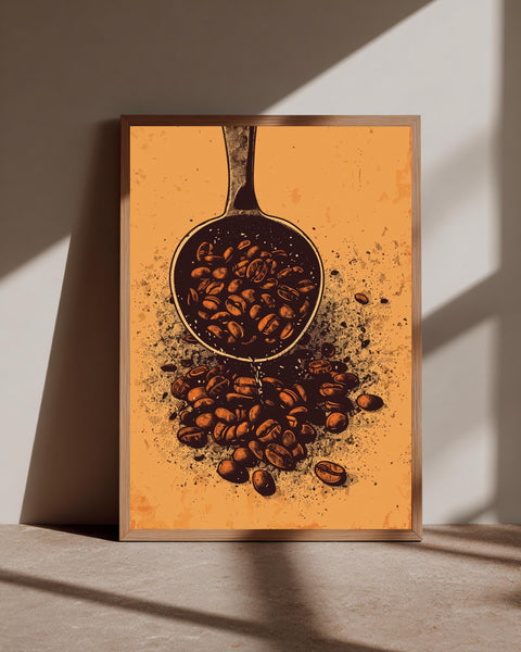 Retro Coffee Art, Vintage Bean Scoop Illustration Print, Framed Unframed or Digital