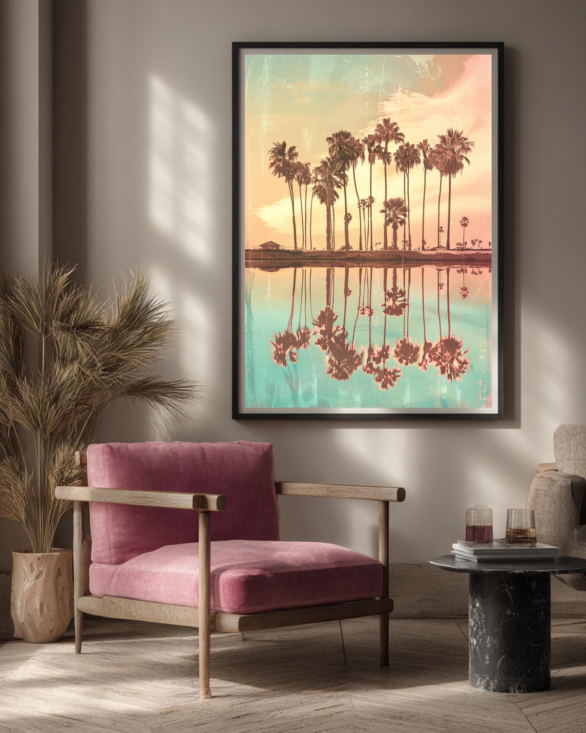Retro Travel Poster, California Palm Tree Sunset Print, Framed Unframed or Digital