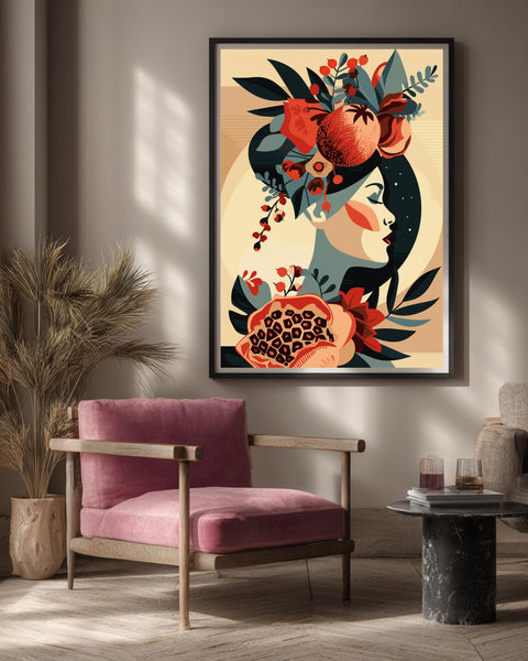 Greek Mythology Art, Persephone Pomegranate Floral Print, Framed Unframed or Digital