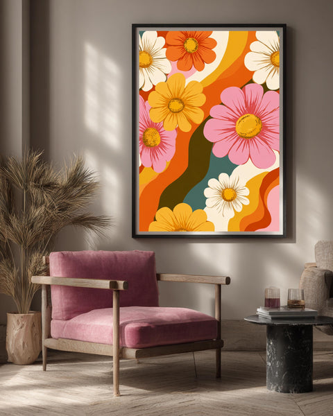 Retro Floral Wall Art, Groovy Daisy Poster, 70s Boho Print, Framed Unframed or Digital