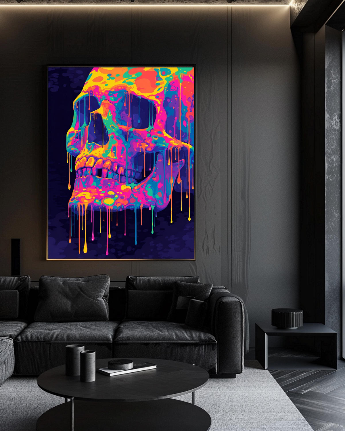 Psychedelic Skull Wall Art, Trippy Rock Poster, 70s Neon Goth Print, Melting Skull Decor, Dark Surreal Gloss Print
