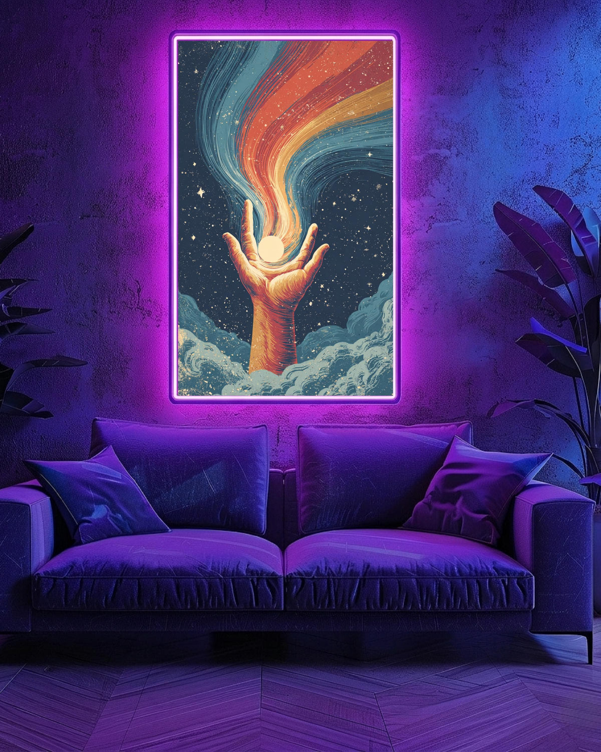 Cosmic Hand Wall Art, Psychedelic 70s Celestial, Retro Decor, Framed Unframed or Digital