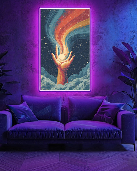 Cosmic Hand Wall Art, Psychedelic 70s Celestial, Retro Decor, Framed Unframed or Digital