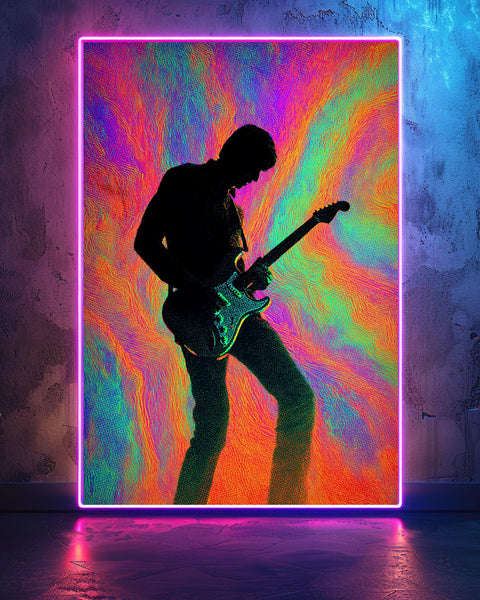 Guitar Hero Print, Psychedelic Rock Silhouette, Neon Swirl Poster, Framed Unframed or Digital