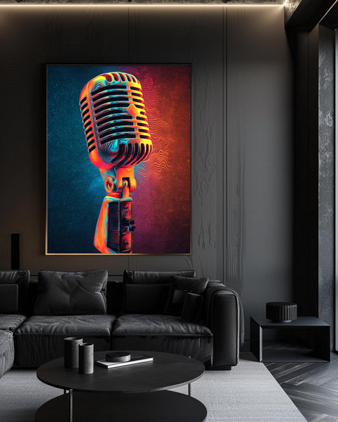 Retro Microphone Art, Neon Sound Wave Print, Psychedelic Concert Poster, Framed Unframed or Digital
