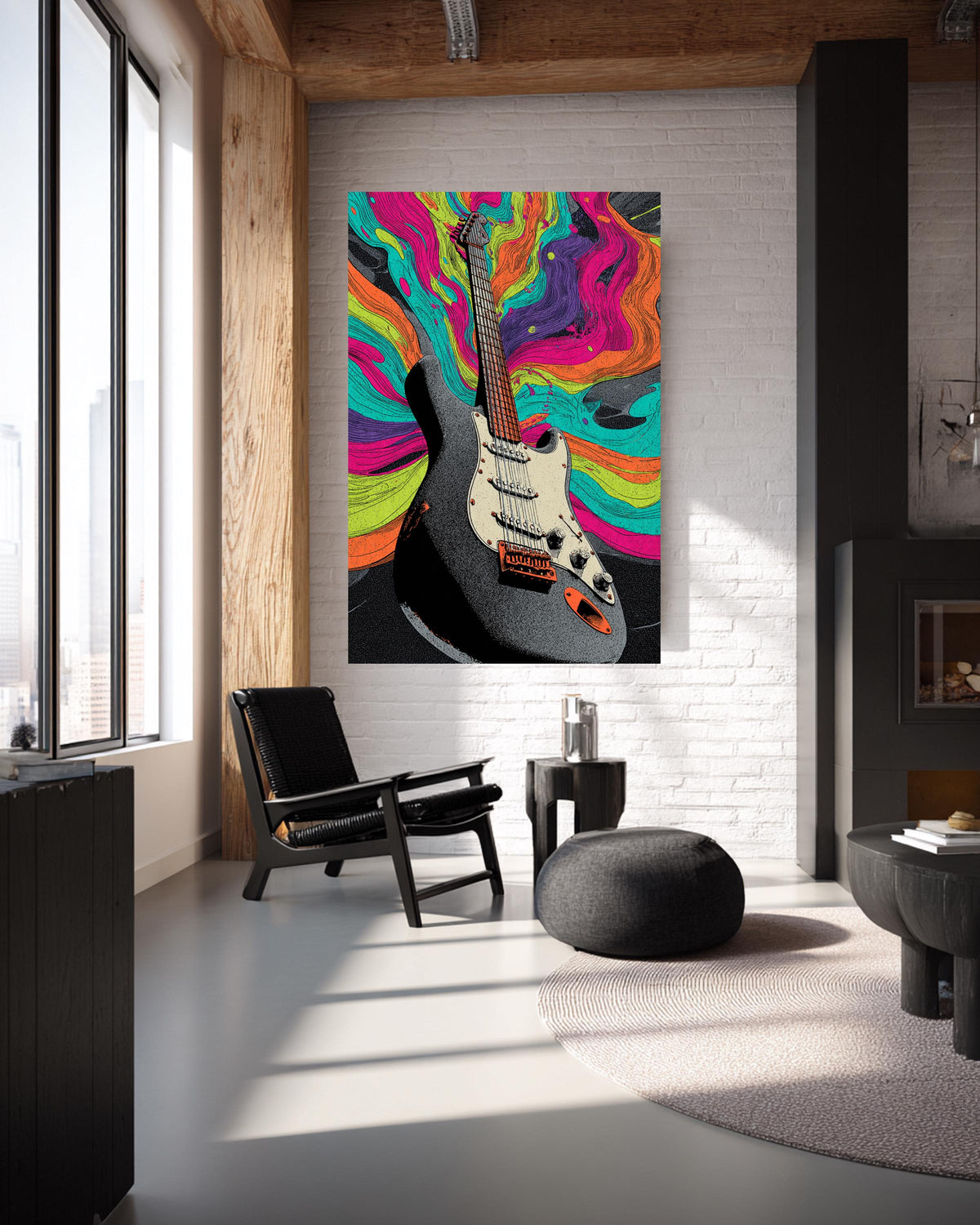 Guitar Burst Print, Psychedelic Neon Wave, 70s Rock Music Art, Framed Unframed or Digital