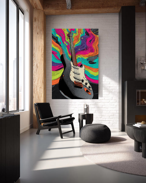 Guitar Burst Print, Psychedelic Neon Wave, 70s Rock Music Art, Framed Unframed or Digital