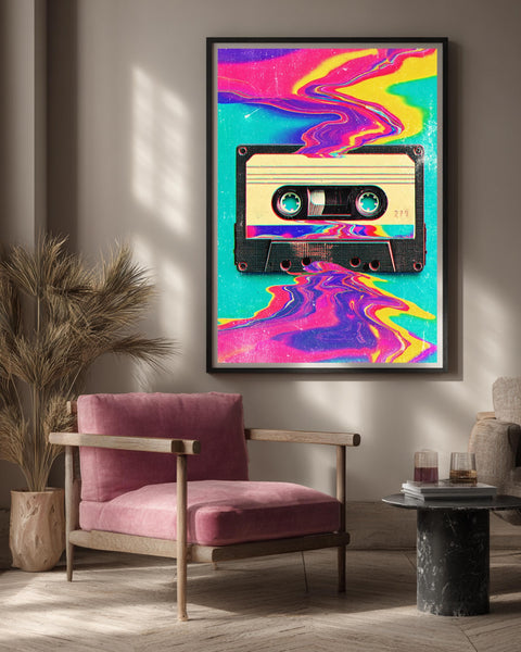 Retro Wall Art, Psychedelic Cassette Tape Print, Neon Wave, Framed Unframed or Digital