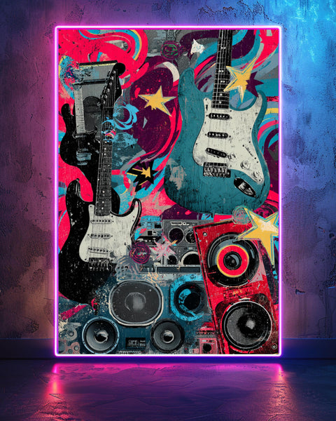 Rock Music Wall Art, Psychedelic Guitar Collage Print, Retro Poster, Framed Unframed or Digital