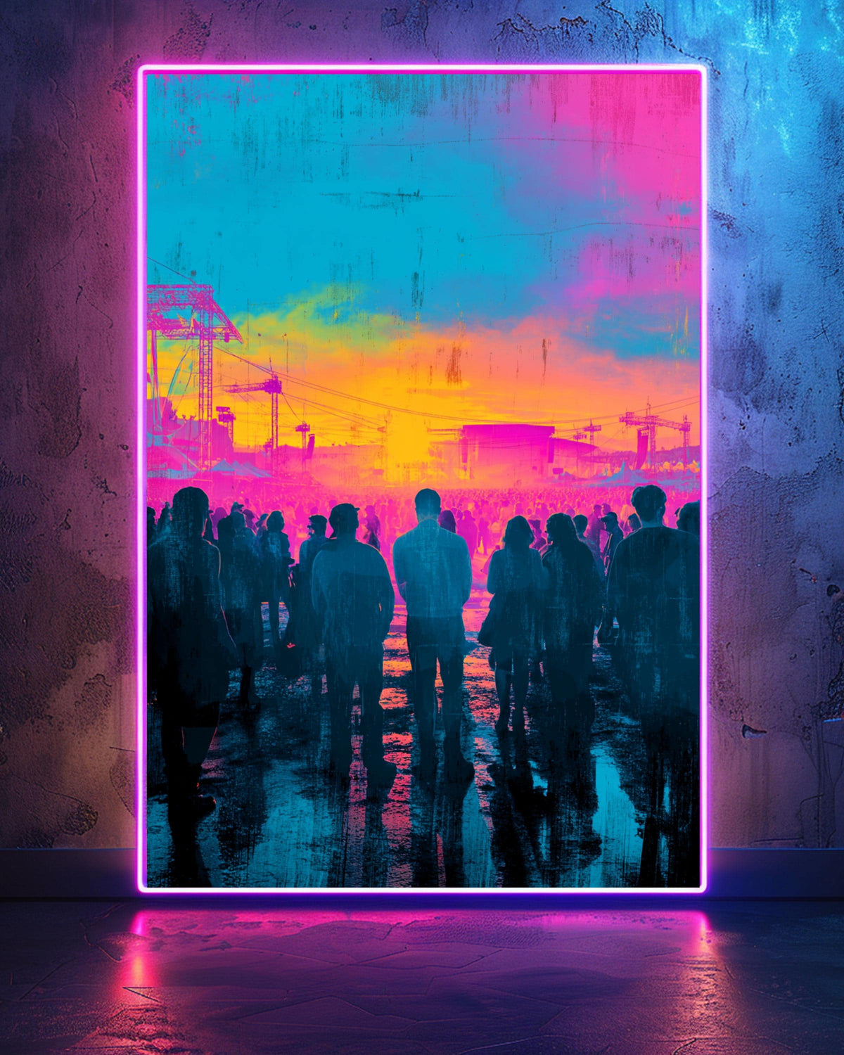Festival Crowd Art, Neon Concert Sky Print, Psychedelic Silhouette, Framed Unframed or Digital
