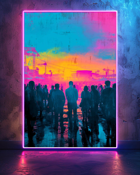 Festival Crowd Art, Neon Concert Sky Print, Psychedelic Silhouette, Framed Unframed or Digital