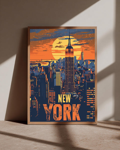 Retro Travel Poster, New York Skyline Print, Vintage NYC Empire State, Framed Unframed or Digital
