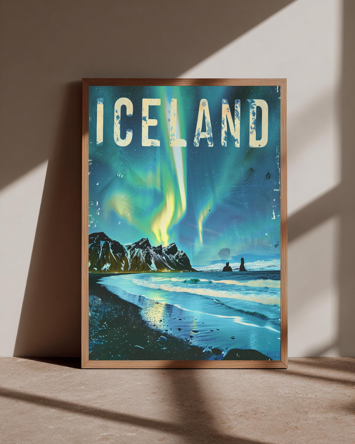Retro Travel Poster, Iceland Northern Lights Print, Aurora Borealis, Framed Unframed or Digital