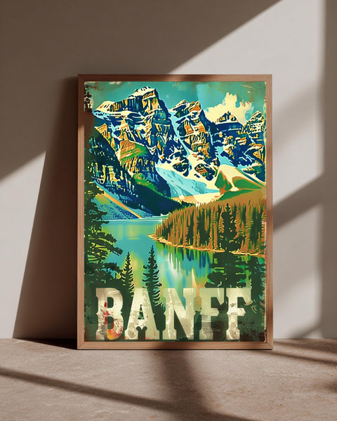 Retro Travel Poster, Banff National Park Print, Moraine Lake Canada, Framed Unframed or Digital