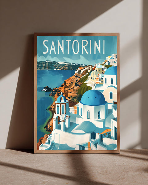 Retro Travel Poster, Santorini Greece Blue Dome Oia Print, Framed Unframed or Digital