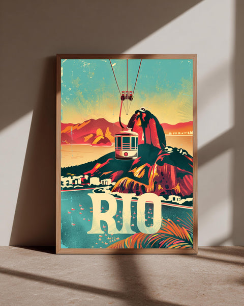 Retro Travel Poster, Rio de Janeiro Sugarloaf Mountain, Framed Unframed or Digital