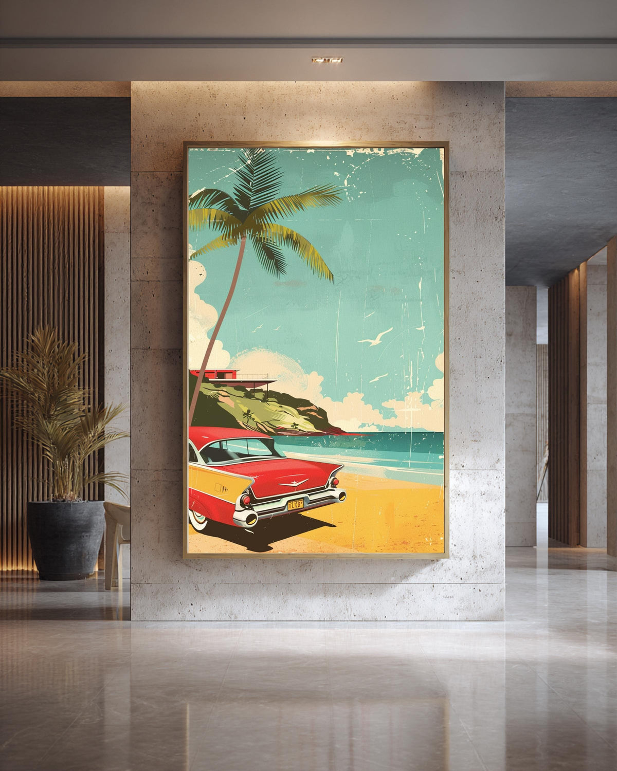 Retro Travel Poster, Vintage 1950s Beach Classic Car Print, Framed Unframed or Digital