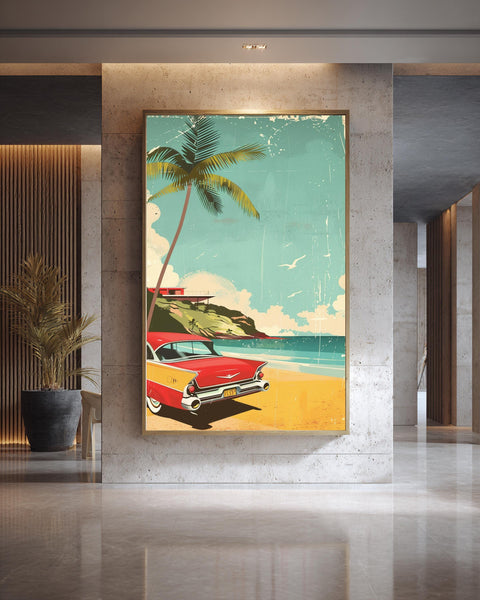 Retro Travel Poster, Vintage 1950s Beach Classic Car Print, Framed Unframed or Digital