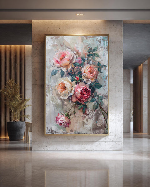Romantic Floral Art, Vintage Pink Roses Peonies Oil Painting, Framed Unframed or Digital