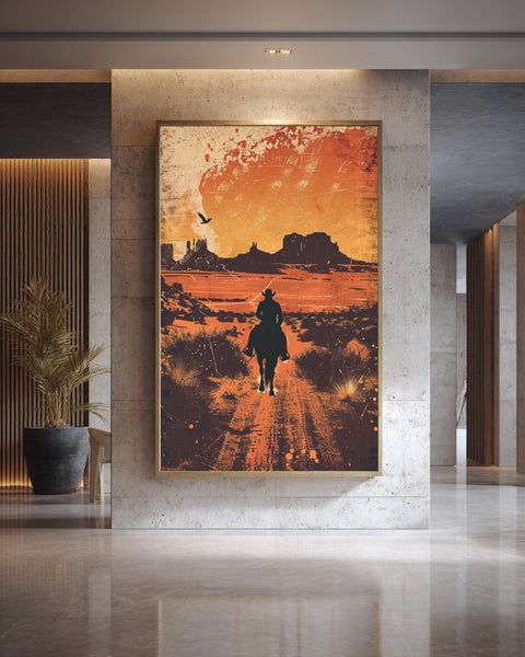 Vintage Cowboy Wild West Gloss Print, Retro Western Desert Landscape Poster, Rustic Horse Rider Wall Art, Nostalgic Sunset Monument Valley