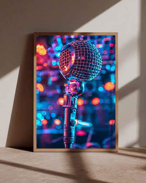 Vintage Microphone Wall Art, Neon Disco Ball Reflections Gloss Print, Retro Music Poster, Stage Lighting Decor, Gift for Singers & DJs