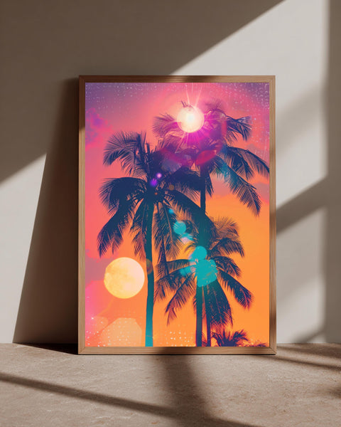 Retro Tropical Print, Palm Tree Sunset Poster, Vaporwave Neon, Framed Unframed or Digital