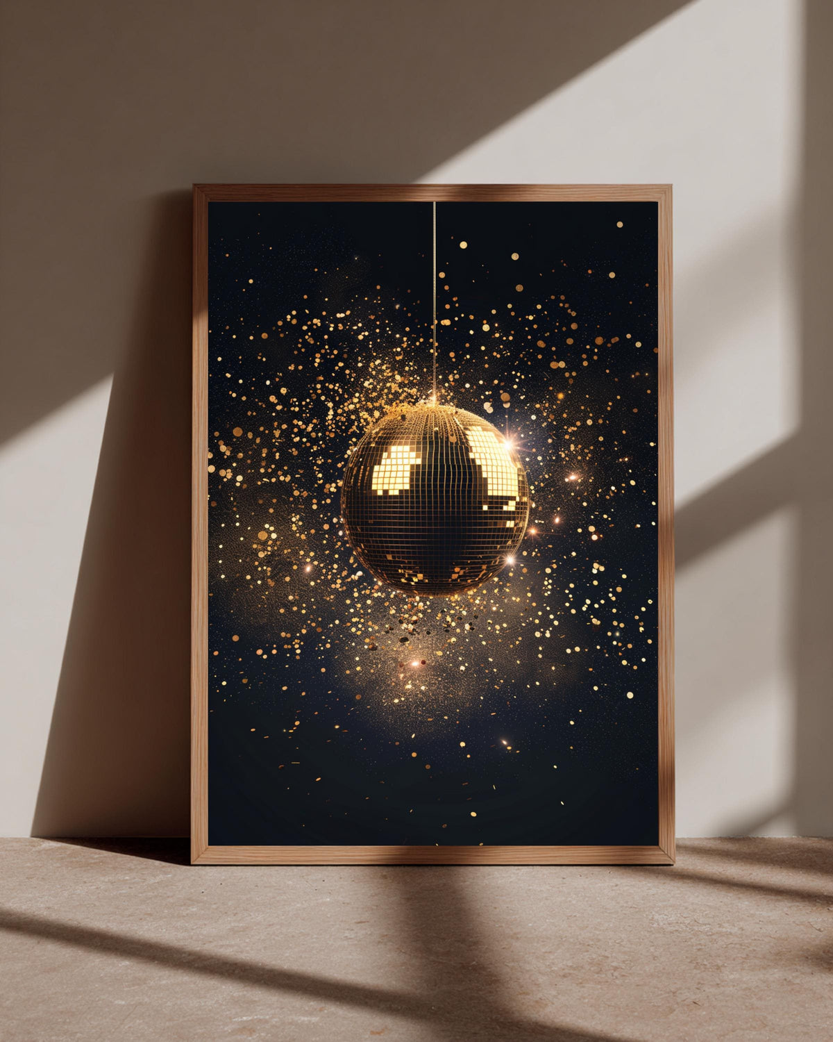Gold Disco Ball Art, Luxury Black Glitter Spark Print, Framed Unframed or Digital