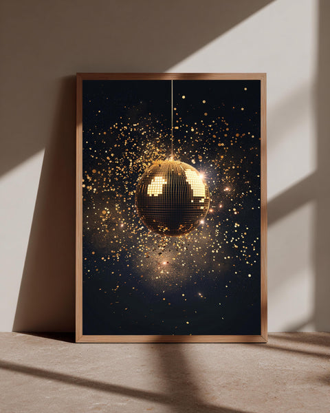 Gold Disco Ball Art, Luxury Black Glitter Spark Print, Framed Unframed or Digital